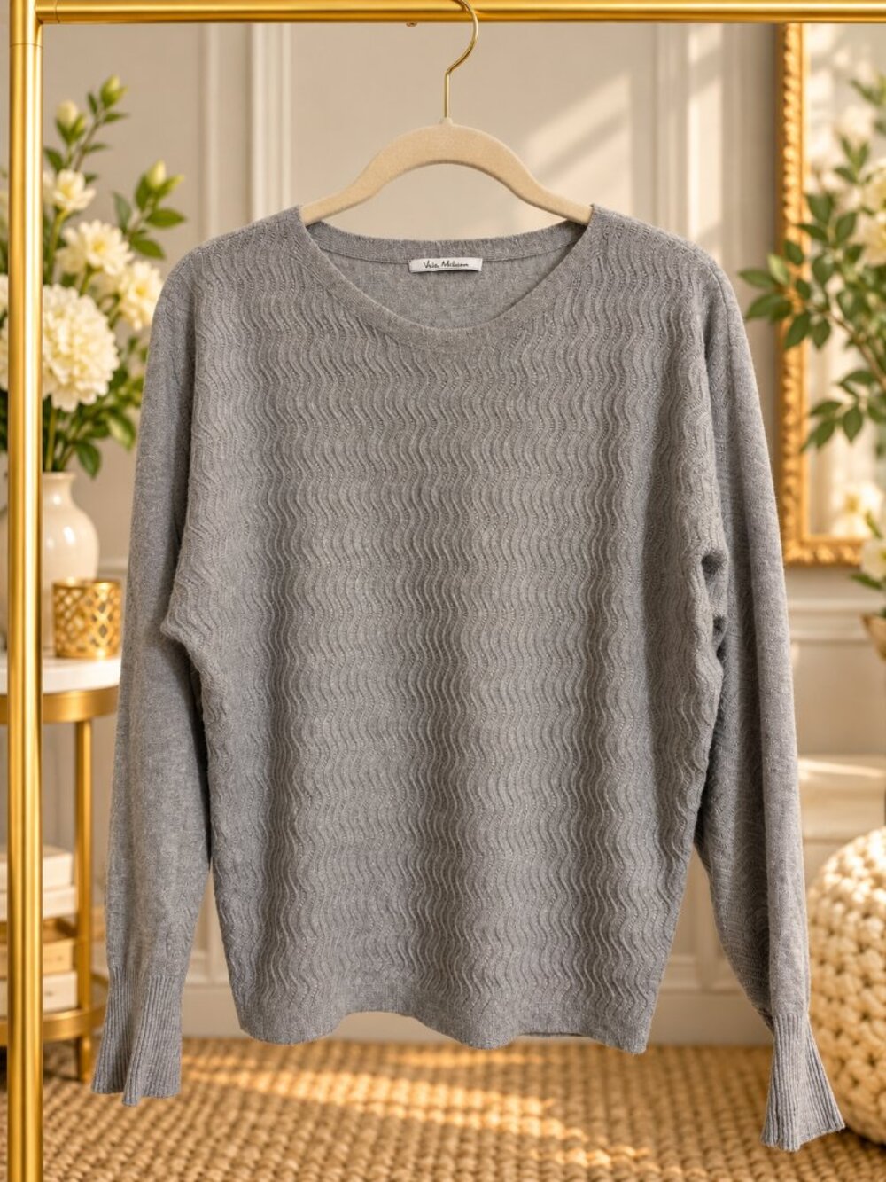 Vila Milano Gray Textured Wave Knit V-Neck Dolman Sweater Est. M/L